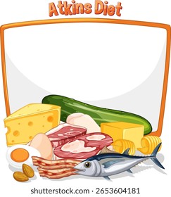 Vector illustration of various low-carb foods including cheese, meat, and fish, styled with vibrant colors and clean lines