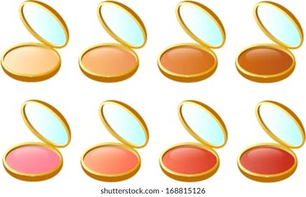 Vector illustration of various make up compacts with powder and blush.