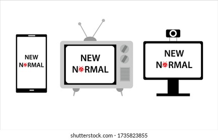 Vector illustration. Various media through mobile phone,television and computer spreading news about new lifestyle reflecting of pandemic coronavirus or covid-19.