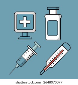 Ilustração vetorial de vários equipamentos médicos, incluindo um sinal médico, frasco de medicamento, seringa e termômetro, sobre um fundo azul. Design simples e limpo, perfeito para serviços de saúde, hospital, 