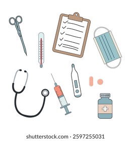 Vector illustration of various medical tools and supplies, including a stethoscope, scissors, a thermometer, a syringe, pills, a bottle of medicine, a clipboard, and a face mask.