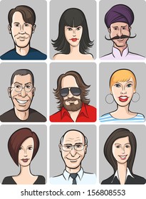 Vector illustration of various men and women faces collection. Easy-edit layered vector EPS10 file scalable to any size without quality loss. High resolution raster JPG file is included.