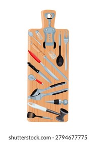Vector illustration of various metal kitchen tools and knives arranged on a wooden cutting board. Cooking equipment isolated on white background.