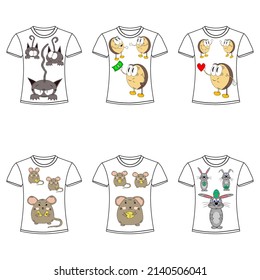 Vector illustration of various mice, beans, bunnies, cats on a shirt. Emotions in the illustration are cheerful, angry, gloomy, dreamy and smiles. For print on shirts