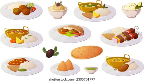 Vector illustration various middle eastern, Turkish and Indian food dishes and snacks isolated on white background