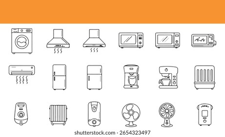 Ilustração vetorial de vários eletrodomésticos modernos e dispositivos eletrônicos domésticos