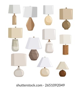 Vector illustration of various modern table lamps with ceramic and wooden bases. Ideal for interior design, lighting concepts, furniture catalogs, or home decor projects.