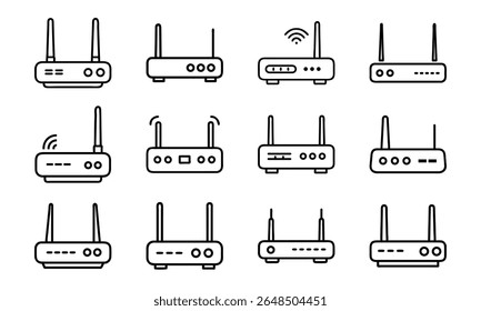Ilustración vectorial de varios iconos modernos de enrutador de Internet inalámbrico contra un fondo blanco limpio.