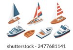 Vector illustration of various motor and sail boats, isolated on white background