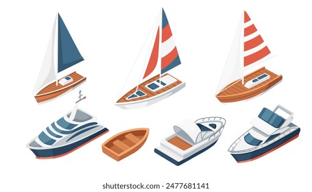 Vector illustration of various motor and sail boats, isolated on white background