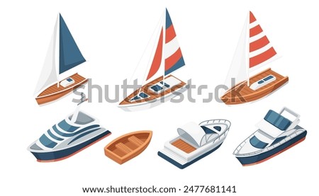 Vector illustration of various motor and sail boats, isolated on white background