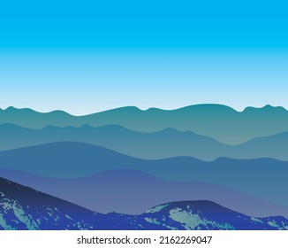 Ilustración vectorial de varias montañas en tonos azules con cielo azul claro en el fondo.