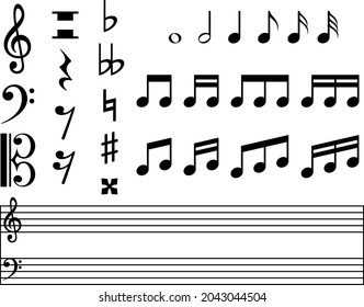 Vector illustration of various musical symbols (clefs, rests, sharps, flats), notes, and a staff with treble and bass clefs.