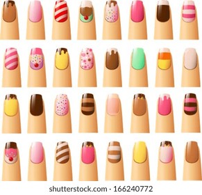 Vector illustration of various nails with candy and cake decorations.