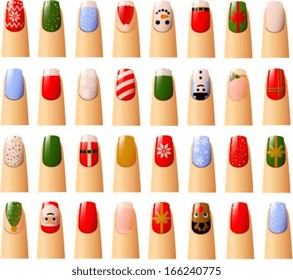 Vector illustration of various nails with christmas decorations.