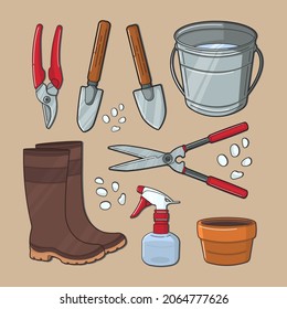 ilustración vectorial de diversas necesidades para la jardinería