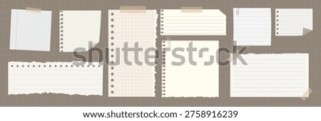 Vector illustration of various notebook papers, including lined, grid, and torn sheets, taped or clipped on a textured background.