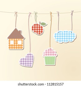 Vector illustration of various objects hanging on strings.