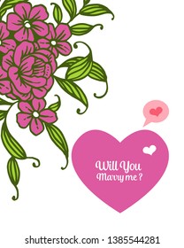 Vector illustration various ornate of purple flower frame for letter will you marry me