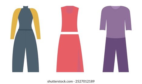 Vector illustration of various outfits including a halter jumpsuit, sleeveless dress, and purple pants, ideal for fashion and clothing-related designs.