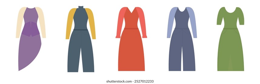 Ilustración vectorial de varios outfits incluyendo vestidos y pantalones, perfectos para diseños de moda y ropa.