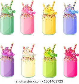 Vector illustration of various party rainbow hipster smoothies in mason jars