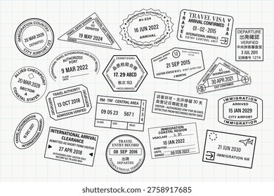 Vector illustration of various passport stamps in different shapes and sizes, featuring dates and travel-related text on a grid background.