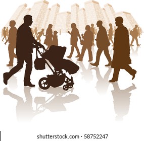 vector illustration of various people walking through a city environment. All individual elements are separately grouped and layered for easy editing.