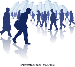 vector illustration of various people walking through a city environment. All individual elements are separately grouped and layered for easy editing.