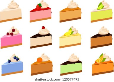 Vector illustration of various pieces of cheese cake.