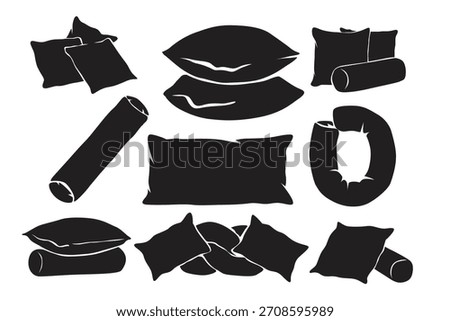 Vector illustration of various pillow and bolster silhouettes in simple, minimal black shapes. Perfect for bedding, home interior, and decorative design elements.