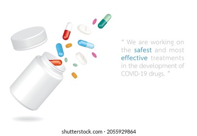 Vector illustration of various pills bounce off from white plastic medicine bottle, sample text of COVID-19 drug development, copy space for design on white, Medicine and Packaging Concept.