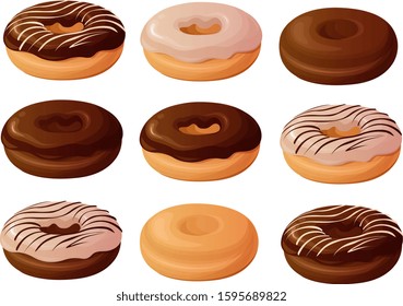 Vector illustration of various plain, glazed and chocolate frosted donuts or doughnuts isolated on white background