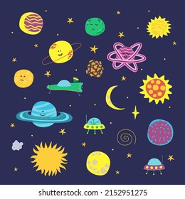 Vector illustration of various planets, stars, asteroids, alien, ships on a blue background.
