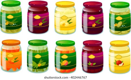 Vector illustration of various preserved fruits and vegetables.