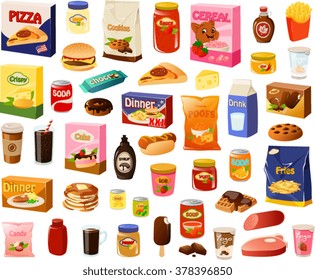Vector illustration of various processed food items.