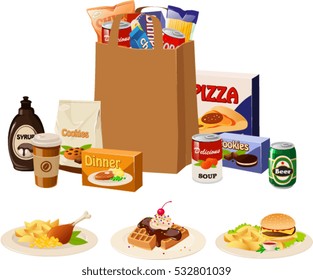 Vector illustration of various products in a paper bag plus 3 dishes.