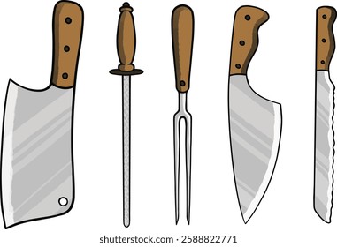 Vector illustration of various professional chef knives. Consisting of bread knife, sharpening, cleaver, meat fork, cheese knife in a clean and modern style suitable for kitchenware advertising.