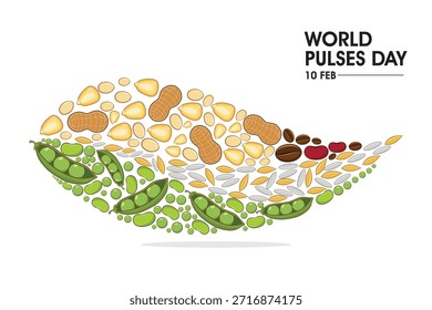 Ilustração vetorial de vários leguminosas, leguminosas, grãos e grãos dispostos em forma fluida para o Dia Mundial do Pulso.