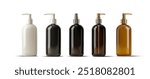 Vector illustration of various pump and spray bottles in black, white, and amber colors. Ideal for product design, cosmetics, and packaging presentations. Realistic 3D Pump Bottles.