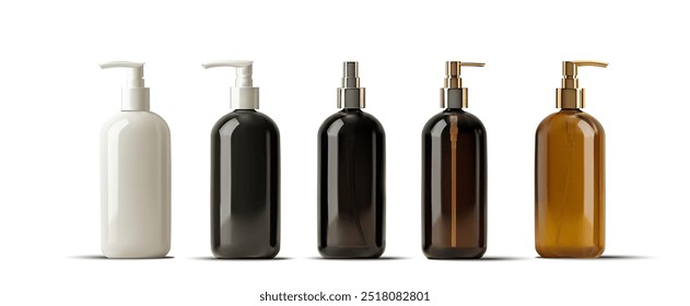 Ilustración vectorial de varias botellas de bombeo y spray en colores negro, blanco y ámbar. Ideal para el diseño de productos, cosméticos y presentaciones de embalaje. Botellas realistas de la bomba 3D.