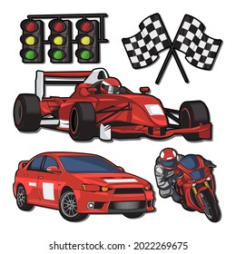 vector illustration of various racing objects and vehicles