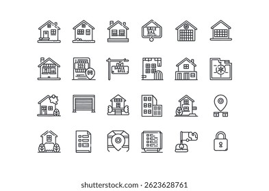 Vektorgrafik verschiedener Immobiliensymbole im einfachen Linienstil