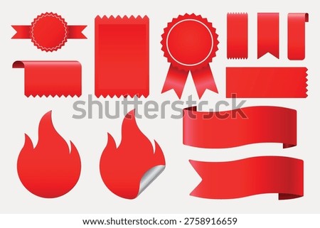 Vector illustration of various red ribbons and badge designs, including rosettes, flames, and curled banners, ideal for decoration and award graphics.