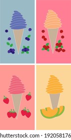 Vector illustration of various refreshing summer fruits flavored soft serve ice cream.