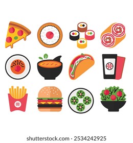 A vector illustration of various restaurant icons. There's a pizza slice, a sushi roll, spaghetti and meatballs, a curry bowl, a taco, a burger and fries, a sushi plate, a salad bowl, and dim sum. Eac