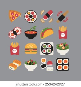 A vector illustration of various restaurant icons. There's a pizza slice, a sushi roll, spaghetti and meatballs, a curry bowl, a taco, a burger and fries, a sushi plate, a salad bowl, and dim sum. Eac