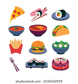 A vector illustration of various restaurant icons. There's a pizza slice, a sushi roll, spaghetti and meatballs, a curry bowl, a taco, a burger and fries, a sushi plate, a salad bowl, and dim sum. Eac