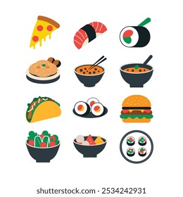 A vector illustration of various restaurant icons. There's a pizza slice, a sushi roll, spaghetti and meatballs, a curry bowl, a taco, a burger and fries, a sushi plate, a salad bowl, and dim sum. Eac