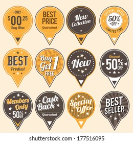 Vector illustration of various retro quality and sale marketing labels.